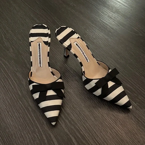 Manolo Blahnik Black and White Striped Heels - Picture 1 of 6